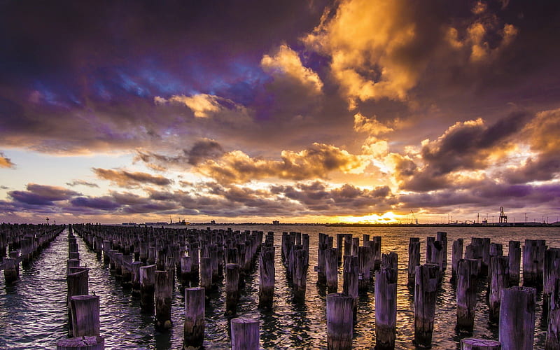 clouds and pylons in purple, purple, sunset, clouds, pylons, harbor, HD wallpaper