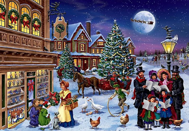 Victorian Christmas in Town, christmas tree, moon, hens, snow, people, houses, artwork, HD wallpaper