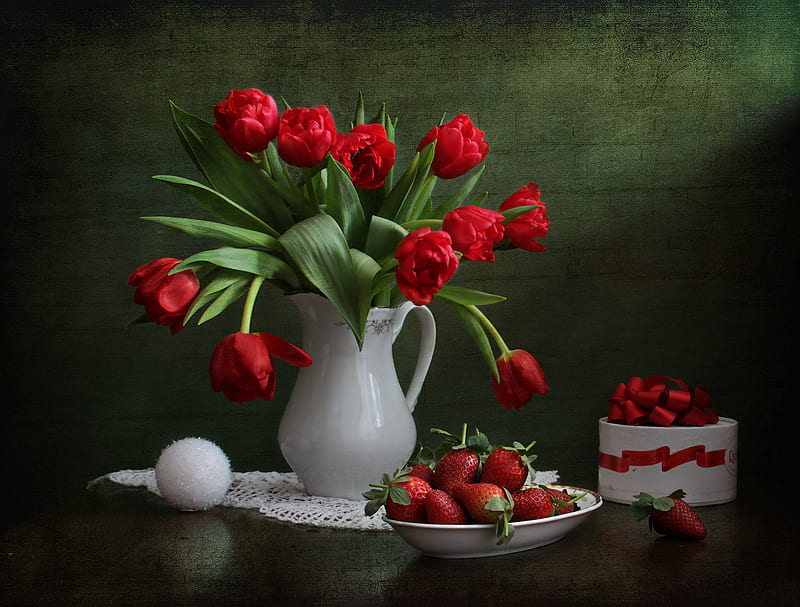 Still life, candy, red, pretty, strawberry, lace, box, pot, bonito, fruit, graphy, nice, green, jug, flowers, strawberries, beauty, tulips, tulip, harmony, amazing, lovely, ribbon, colors, delicate, gift, elegantly, cool, bouquet, flower, great, HD wallpaper