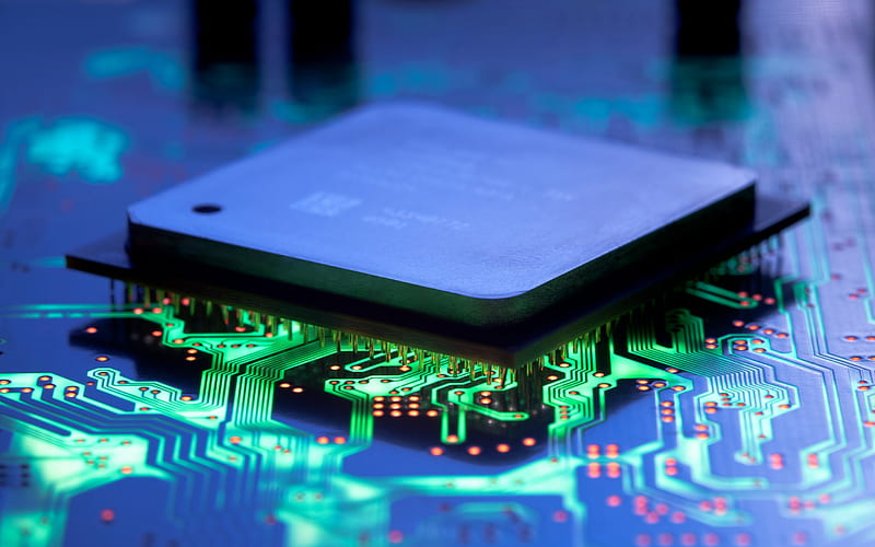 processor, motherboard, neon lights, modern technology, chips, computer technology, HD wallpaper