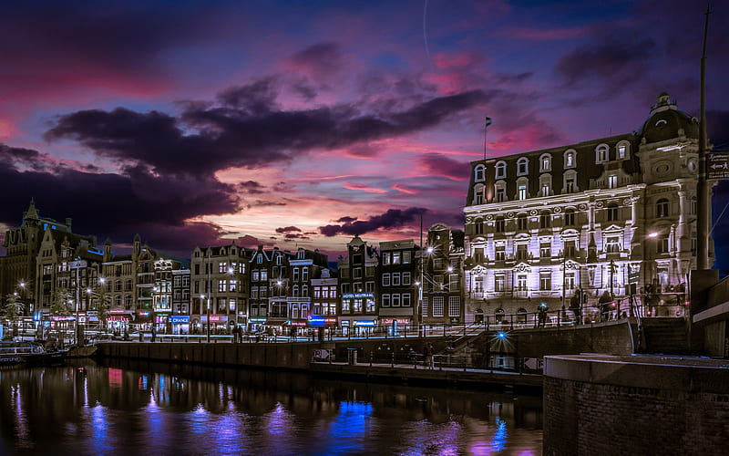 Singelgracht Canal, Amsterdam, city lights, old houses, canal, evening, Netherlands, HD wallpaper
