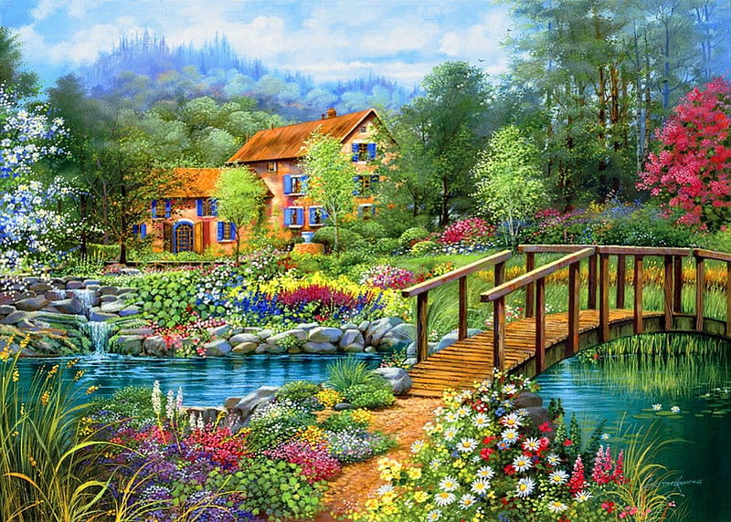 Shades of summer, pretty, colorful, shore, cottage, cabin, bonito, nice, stones, bridge, painting, village, waterfall, flowers, river, art, lovely, creek, trees, shades, summer, garden, HD wallpaper