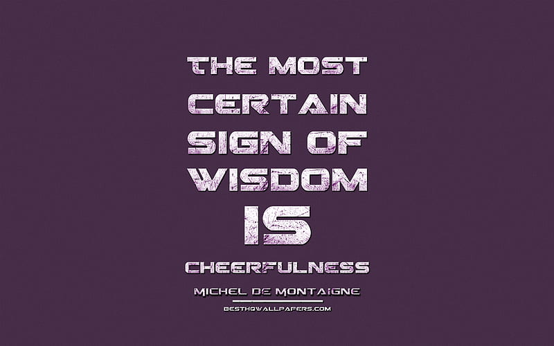 The most certain sign of wisdom is cheerfulness, Michel de Montaigne, grunge metal text, quotes about wisdom, Michel de Montaigne quotes, inspiration, violet fabric background, HD wallpaper