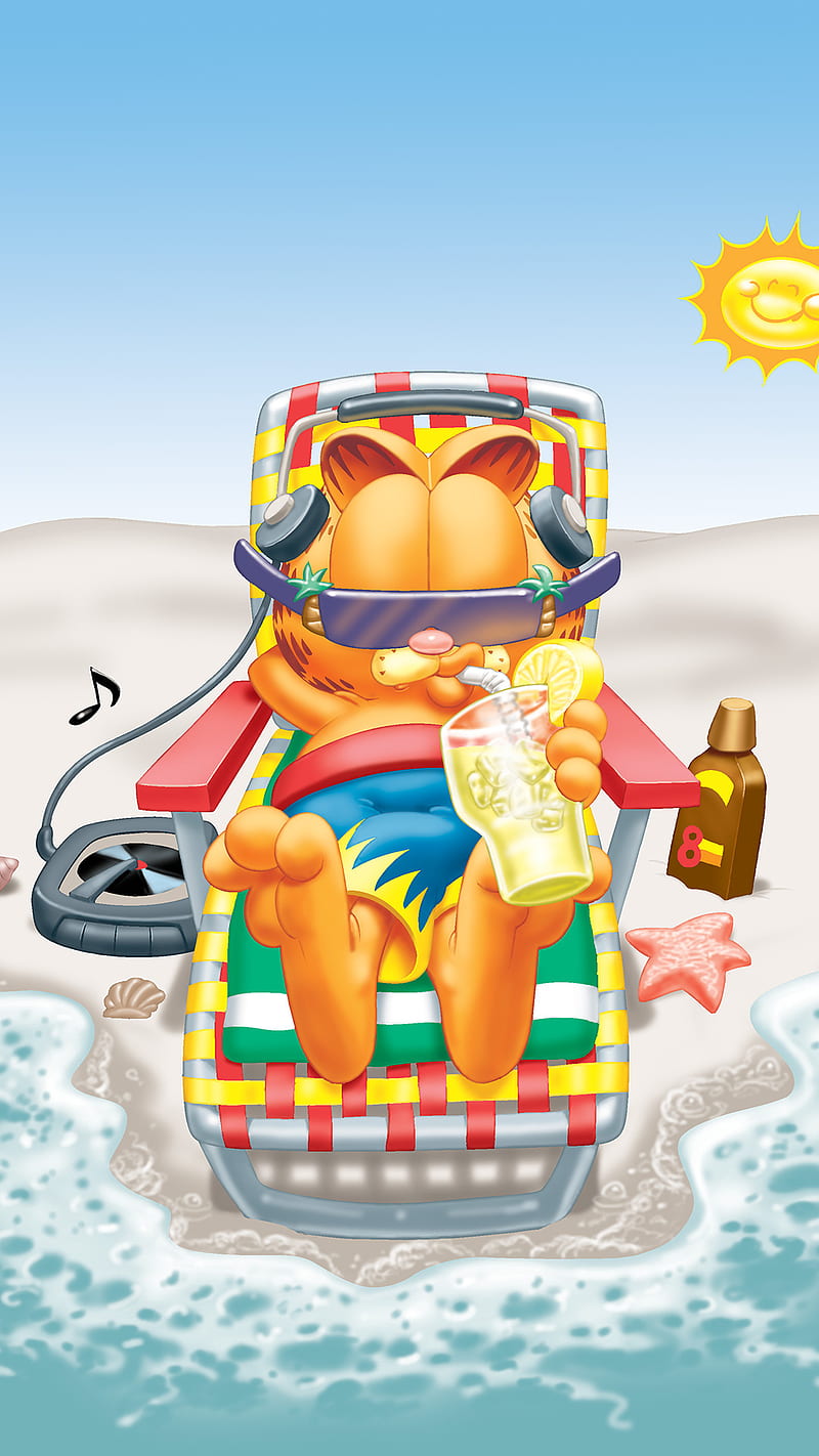 Beached Cat, Garfield, beach, bright, calm, chill, happy, katt, music, pus, relax, relaxing, sand, soda, starfish, summer, sun, sunny, HD phone wallpaper