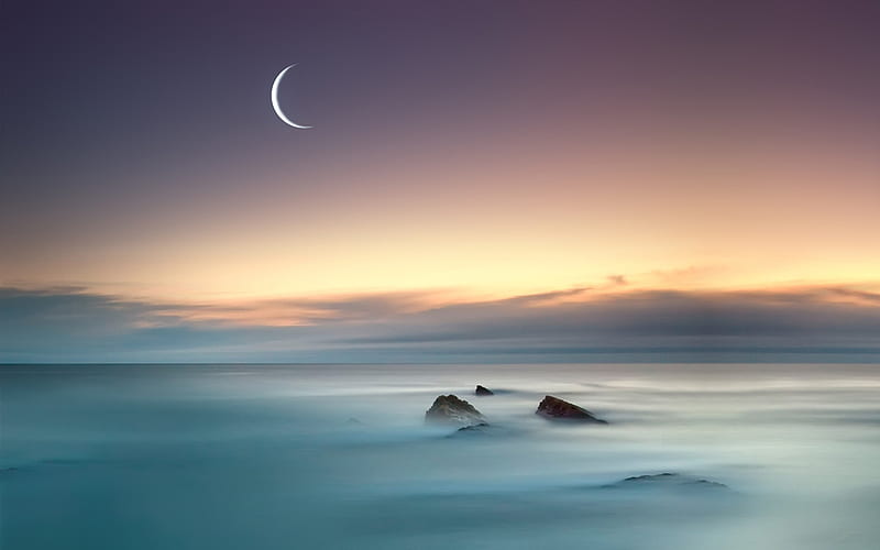 Moon Sea, moon, sea, nature, HD wallpaper