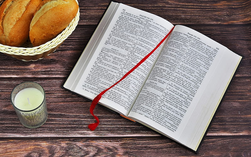 Bible, candle, bread, book, wooden, HD wallpaper
