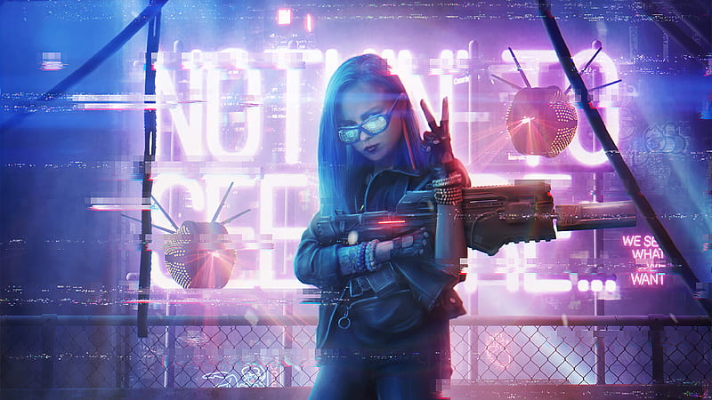 Cyberpunk Girl With Gun Neon , cyberpunk, neon, artist, artwork, digital-art, artstation, HD wallpaper
