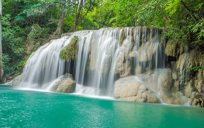 beautiful waterfall, jungle, rainforest, Thailand, river, blue green water, turquoise, HD wallpaper