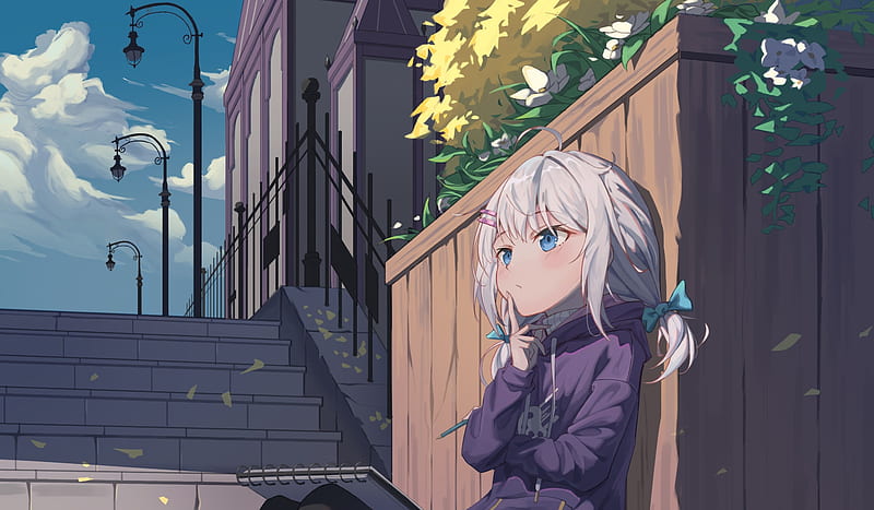 cute anime girl, white hair, stairs, loli, clouds, blue eyes, Anime, HD wallpaper