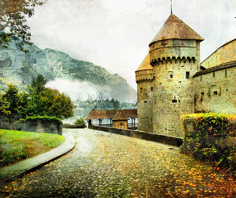 Castle painting, castle, drawing, road, trough, HD wallpaper