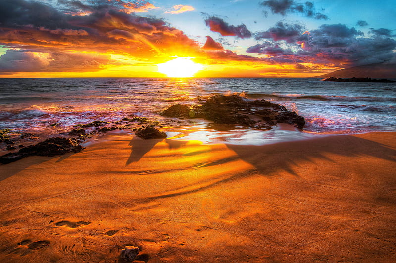 Sunset over the beach, Sea, Sky, Clouds, Ocean, beach, Sunset, HD ...