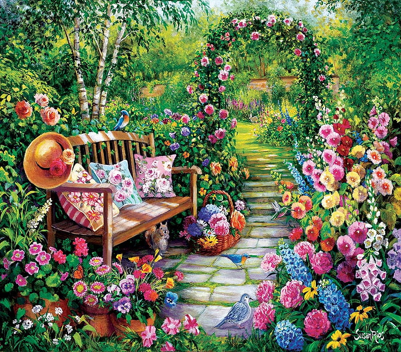 Kims Garden, seatings, art, flowers, painting, bench, garden, HD wallpaper