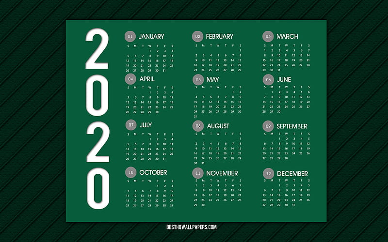 Green 2020 calendar, green leather background, 2020 all months calendar, creative background, 2020 concepts, 2020 calendar, HD wallpaper