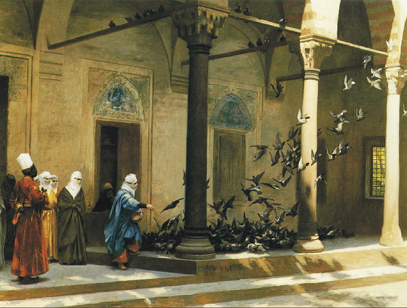 Harem women feeding pigeons in a courtyard, pigeons, courtyard, harem, Jean Leon Gerome, HD wallpaper