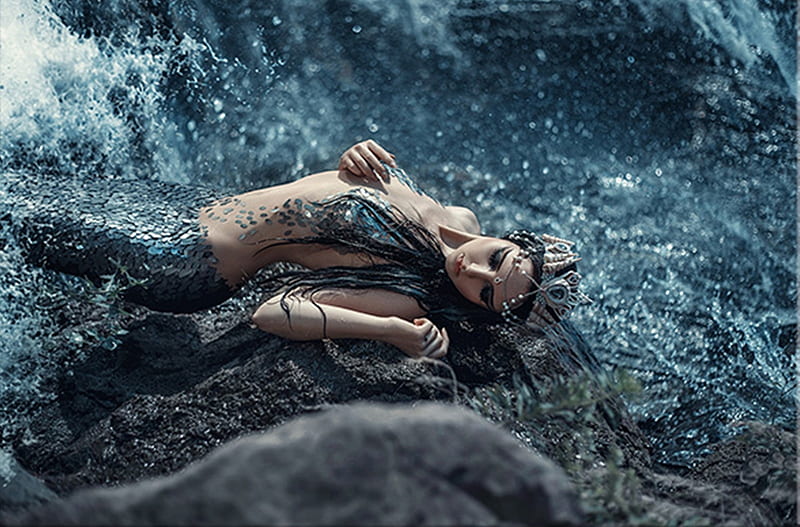 Siren on the rocks, rocks, mermaid, siren, blue, sea, HD wallpaper