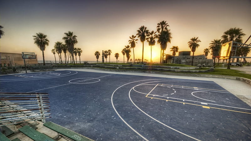 basketball court on los angeles seaside r, court, basketball, seaside, r, park, palms, HD wallpaper