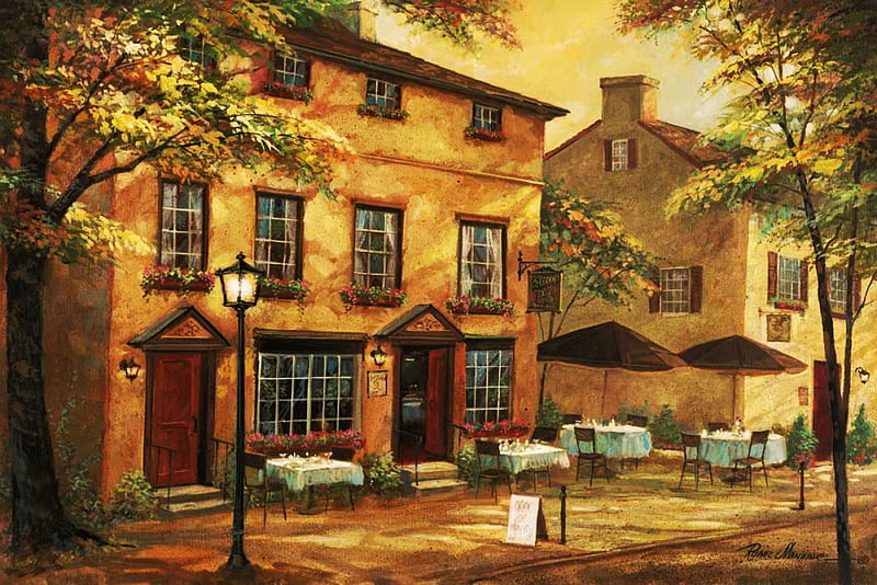 Colleens Pub, artwork, restaurant, painting, tables, trees, houses ...