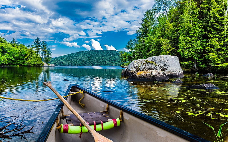 tourism, boating, lake, mountain landscape, summer, Quebec, Canada, HD wallpaper