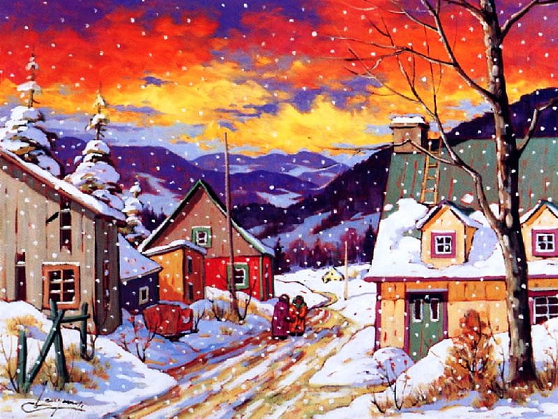 Snowy Hamlet, hamlet, snow, houses, village, country, sky, winter, HD wallpaper
