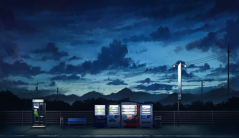 anime night, vending machines, scenic, clouds, Anime, HD wallpaper