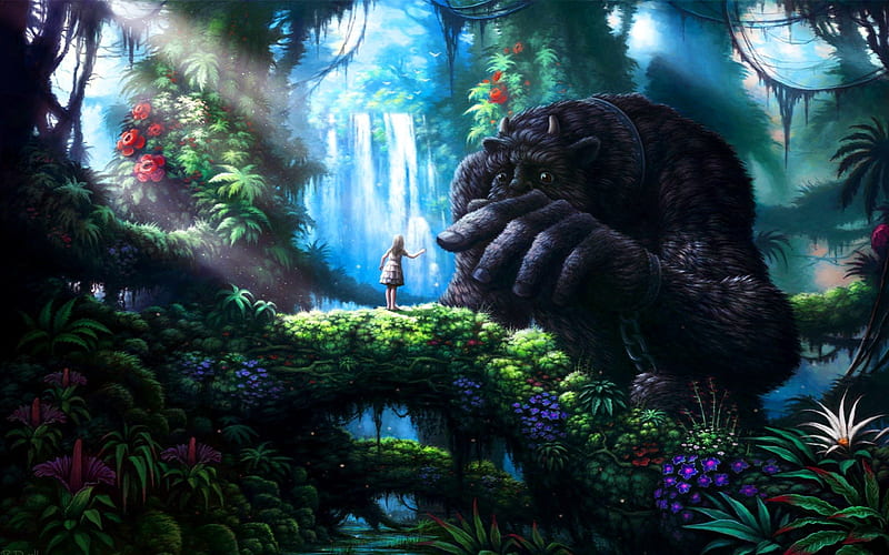 The little girl and the giant beast, forest, giant, woods, trees, abstract, waterfalls, fantasy, girl, jungle, beast, SkyPhoenixX1, monster, sunshine, HD wallpaper