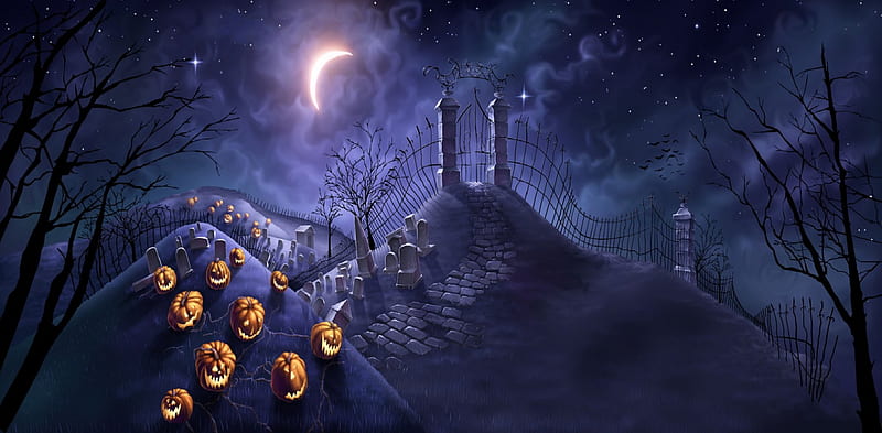 Pumpkins In A Graveyard, fence, gate, moon, halloween, tombstones, pumpkins, HD wallpaper