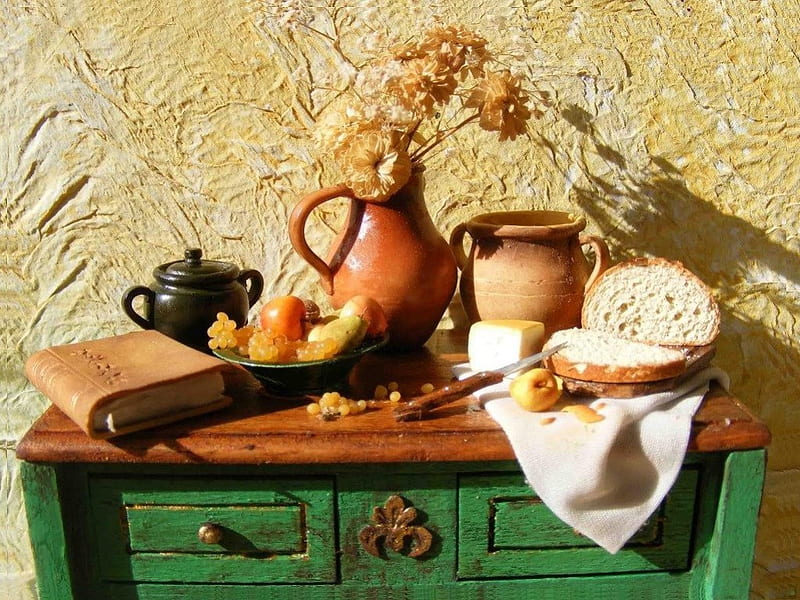 ANTIQUE STILL LIFE, books, food, apples, linen, bread, antiques, furniture, fruit, grapes, pottery, dried fowers, drawers, HD wallpaper