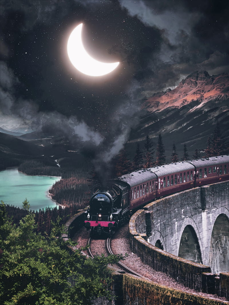 Moon Train Smoke, bridge, crescent moon, landscape, lunar, night, stars, transport, HD phone wallpaper