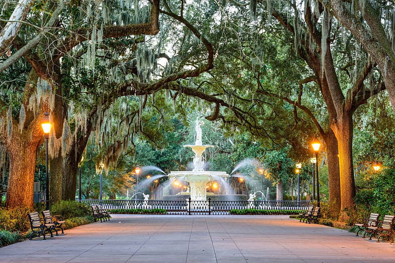 Savannah, GA., fountain, spring, entry, trees, HD wallpaper