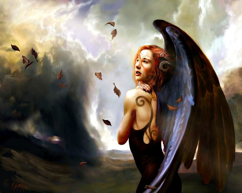 Fallen angel, wings, cloud, autumn, redhead, black, woman, horns, leaf, demon, girl, dark, HD wallpaper