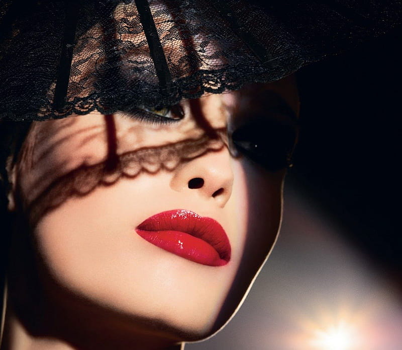 red lips, red, veil, lace, beauty, lips, fashion, HD wallpaper