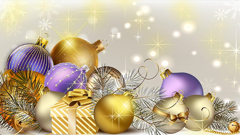 Gold with a Touch of Purple, stars, feliz navidad, glow, christmas, tinsel, firefox persona, lavender, gift, xmas, gold, purple, decorations, HD wallpaper