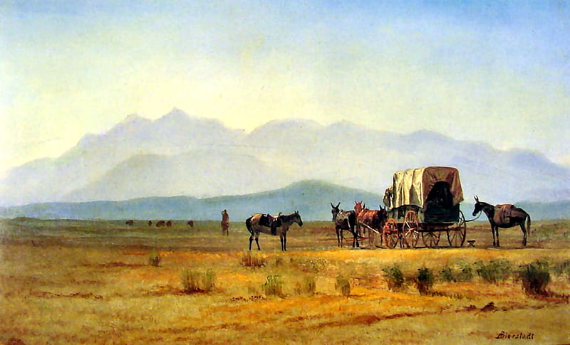 Surveyors Wagon in the Rockies, art, Old Master, mules, Bierstadt, Albert Bierstadt, bonito, illustration, artwork, wagon, Rocky Mountians, painting, wide screen, HD wallpaper