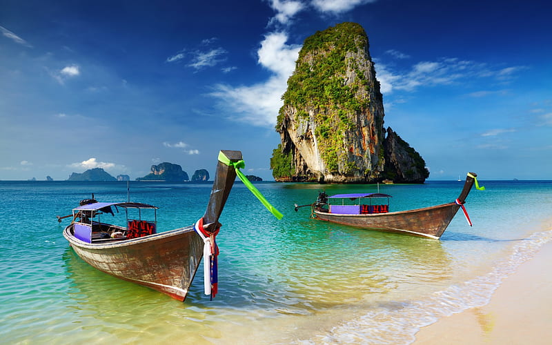 Boats, summer, vacation, thailand, sea, travel, HD wallpaper
