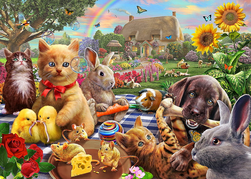 Picnic, art, hamster, food, caine, cat, animal, vara, mouse, adrian chesterman, summer, flower, bunny, chicks, pisici, dog, HD wallpaper