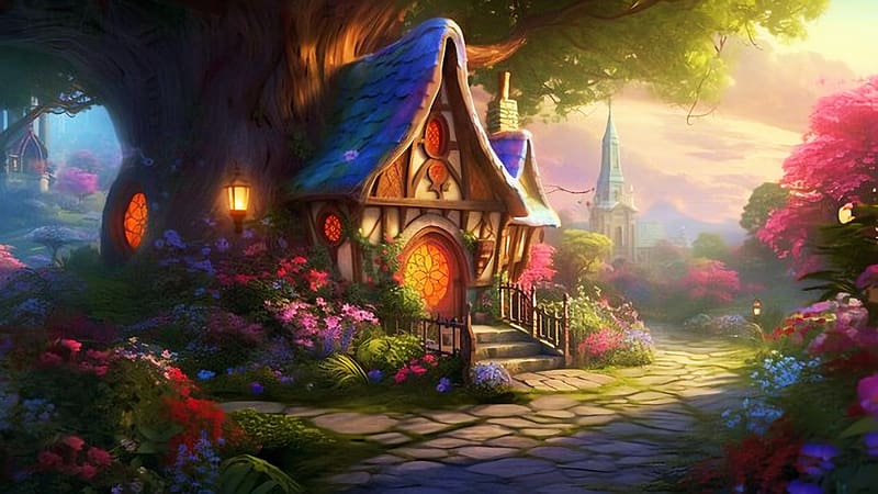 Hidden Fairy House, fantasy, cozy, art, digital, HD wallpaper