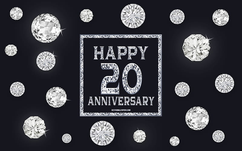 20th Anniversary, diamonds, gray background, Anniversary background with gems, 20 Years Anniversary, Happy 20th Anniversary, creative art, Happy Anniversary background, HD wallpaper