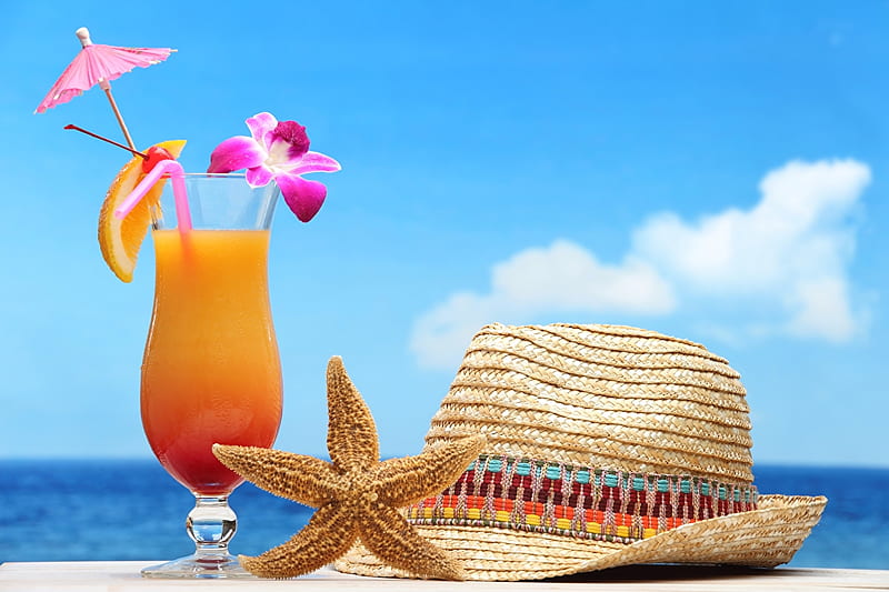 Tropical Cocktail, Stemwera, Umbrella, Hat, Orchids, HD wallpaper