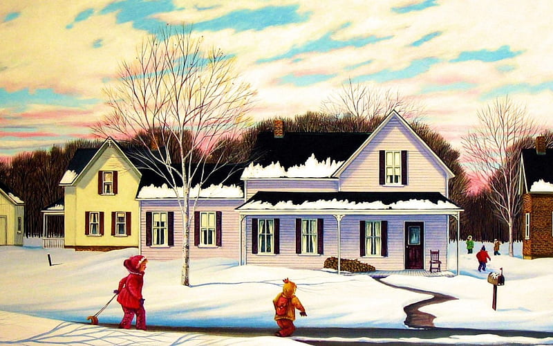Winter Playtime, sleigh, snow, houses, painting, path, artwork, kids, HD wallpaper