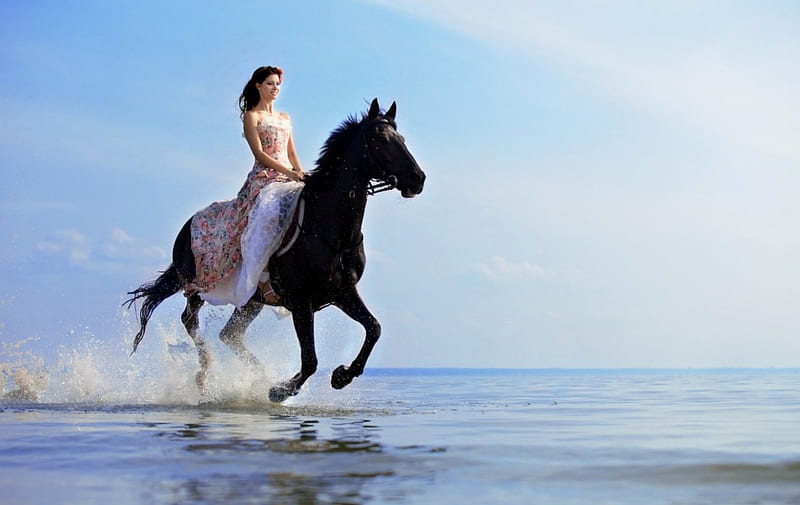 the beauty and the horse, beauty, horse, woman, sea, HD wallpaper