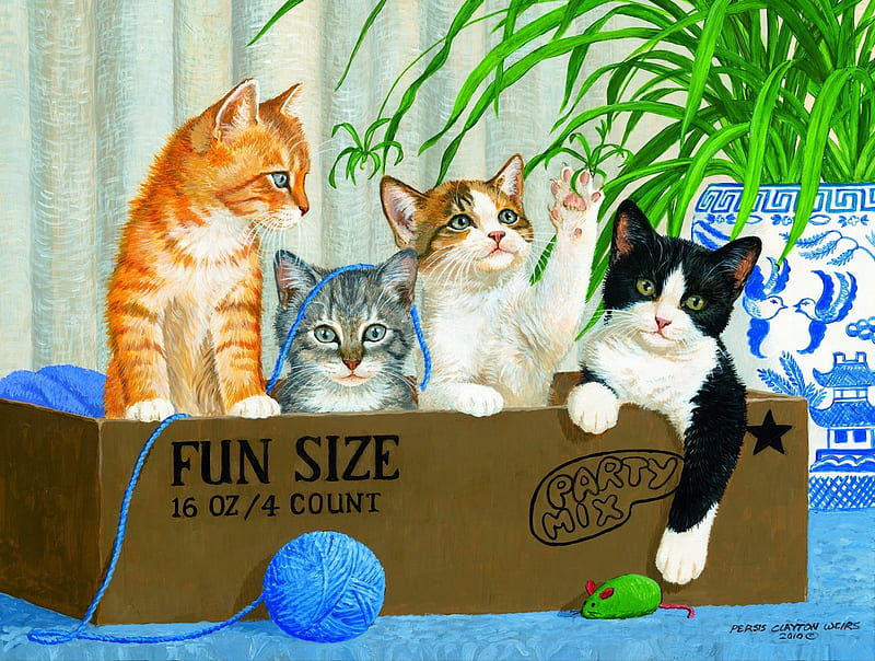 Kittens, art, box, cat, ball, green, persis clayton weir, painting, kitten, pictura, pisica, blue, HD wallpaper