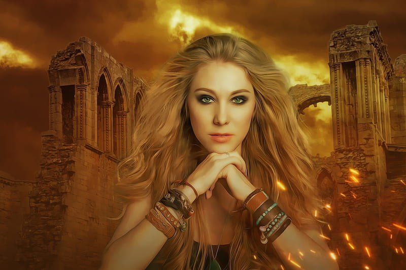 Fantasy Girl, fire, ruins, castle, gothic, art, HD wallpaper