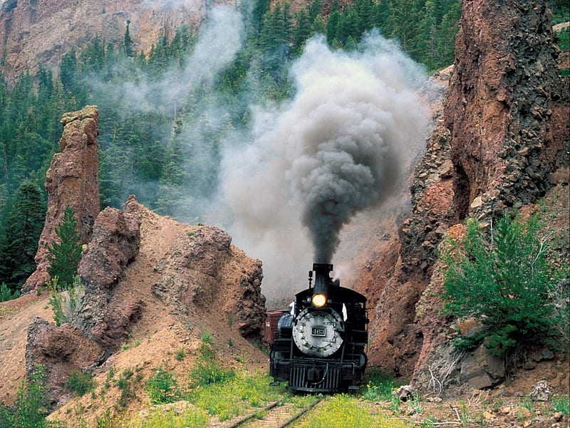 railway train, grass, smoke, train, rocks, mountains, trees, HD wallpaper