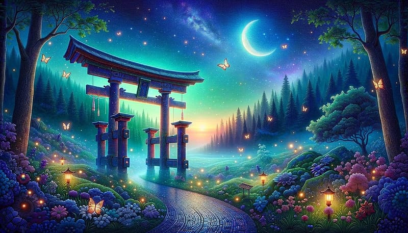 A Torii Gate in mystical fog, tajkep, pillango, kapu, szentjanosbogar, elvarazsolt szurkulet, szines viragok, elenk szinek, ejszaka, HD wallpaper
