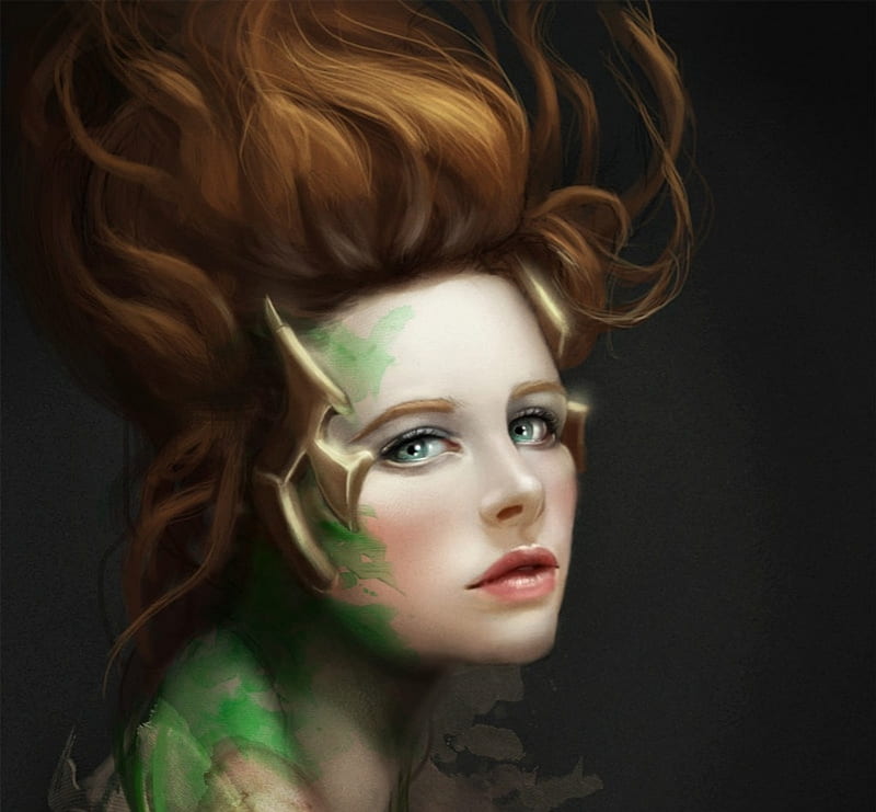 Lady of fertility, gerryarthur, luminos, redhead, lunareitic, black, fantasy, girl, green, face, portrait, HD wallpaper