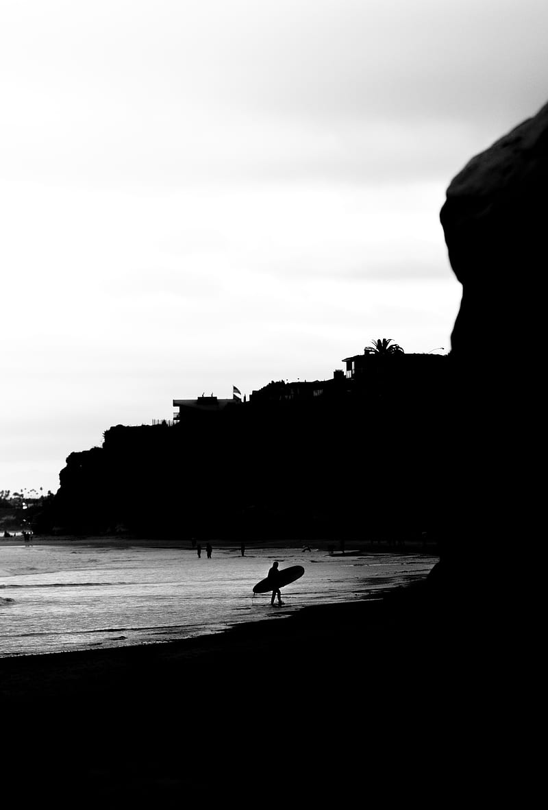 surfing, surfer, bw, coast, rocks, HD phone wallpaper