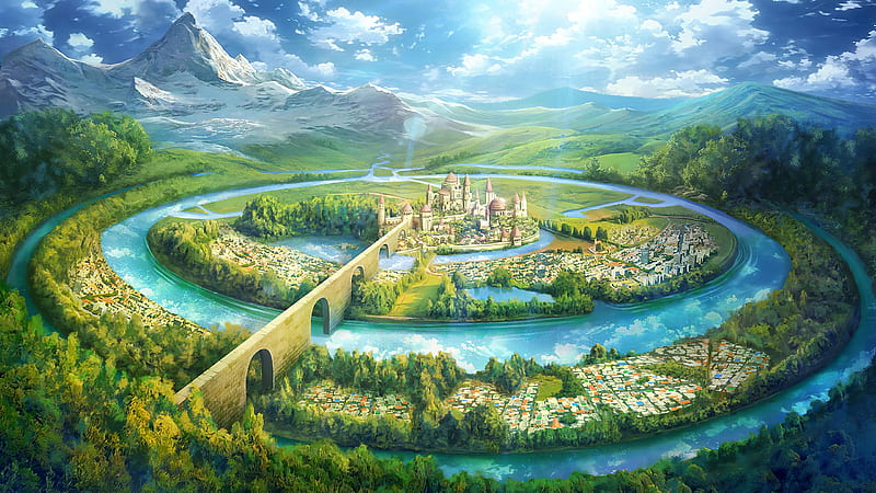 city, castle, fantasy world, artwork, green, villages, bridge, Fantasy, HD wallpaper