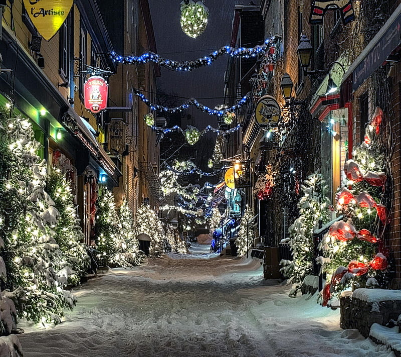 christmas village 2, decoration, festive, glow, lights, snow, town, HD wallpaper