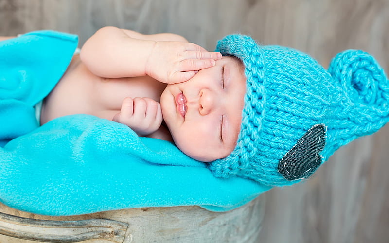 Baby boy, cute, turquoise, boy, child, baby, blue, hat, HD wallpaper