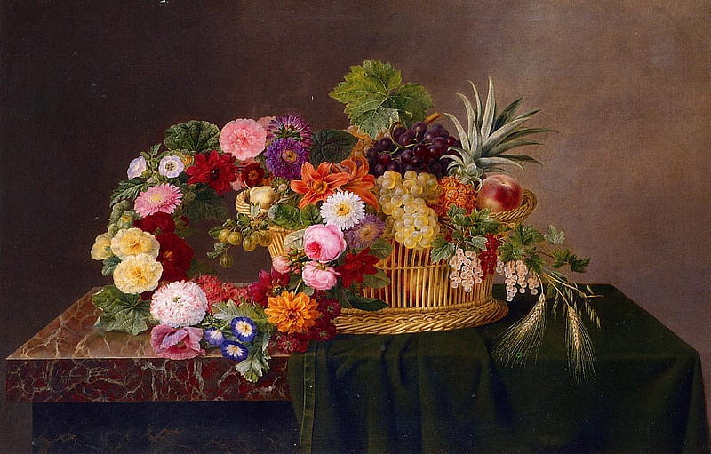 John Laurentz Jensen 1826. Still life with a basket of fruit., fruit, still life, flowers, lillies, HD wallpaper